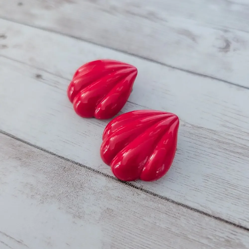 Vintage Clip On Earrings Large Red Statement Flourish 1.25